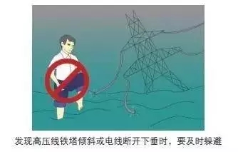 發(fā)現(xiàn)高壓線鐵塔傾斜或電線斷開下垂時(shí)，要及時(shí)躲避