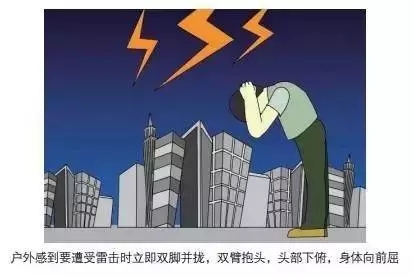 戶外感到要遭受雷擊時(shí)立即雙腳并攏，雙臂抱頭，頭部下俯，身體向前屈